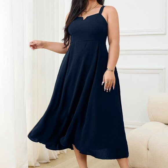 Women's Plus Size Maxi Dress Polyester V-Neck Sleeveless Fitted Pockets - Picture 3 of 7
